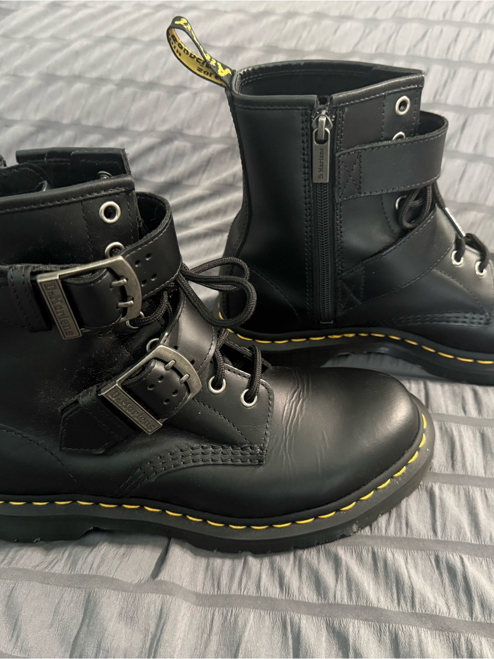 Dr. Martens Black Leather 1460 Lace-Up Buckle Boots with Yellow Stitching